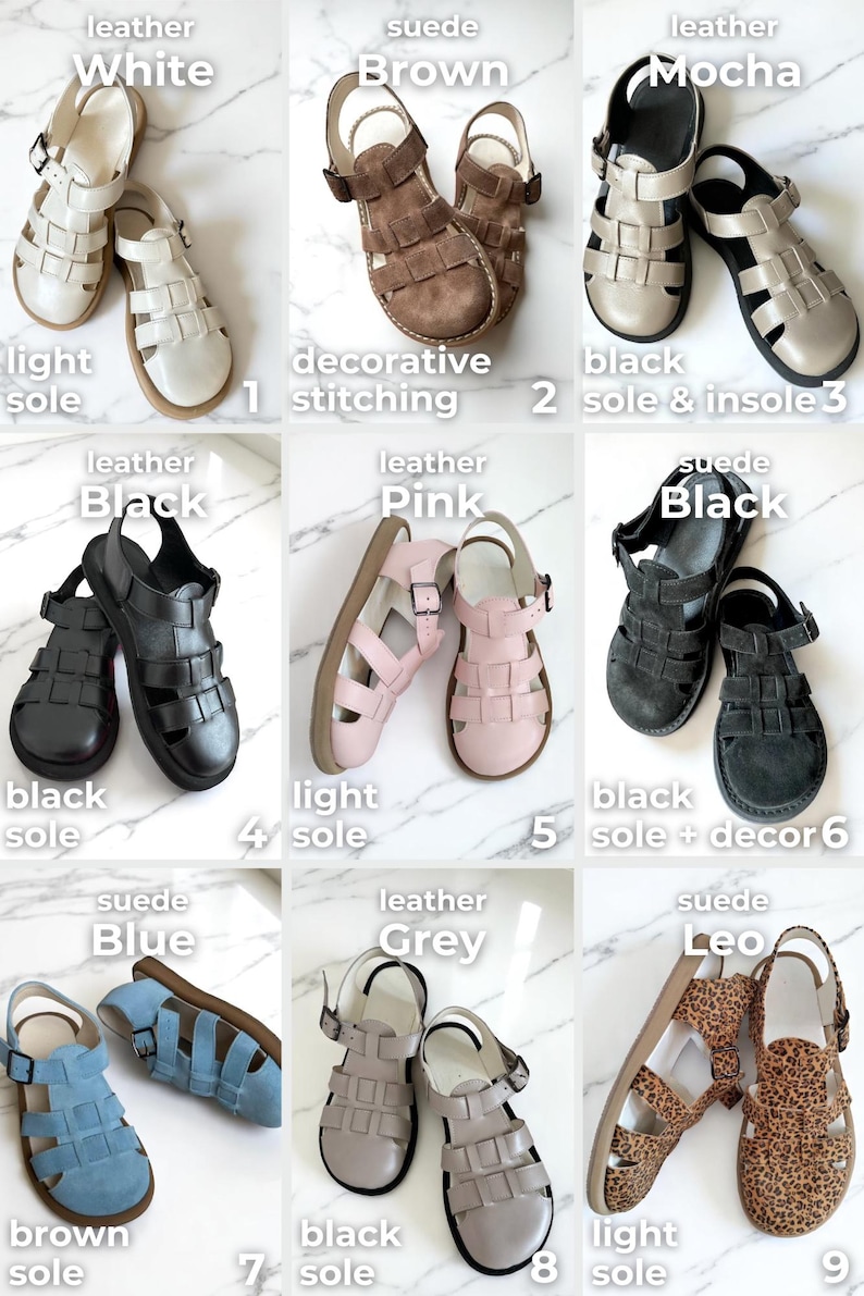 May include: A collection of leather and suede sandals in various colors, including white, brown, mocha, black, pink, blue, grey, and leopard print. Each pair features a unique design with straps and buckles.