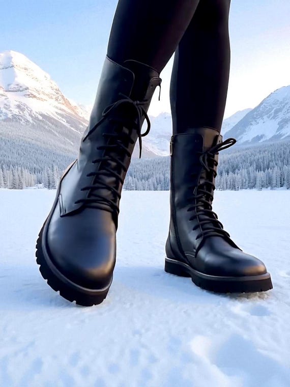 Womens winter black leather lace up combat boots | wide toe box shoes women | custom winter boots | anatomical shoes of any color