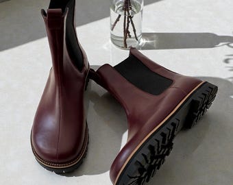 Burgundy Leather Chelsea Boots - Wide Toe Box Shoes Women | Custom Anatomical Footwear | Barefoot Style Elastic Boots Any Color Fall Winter