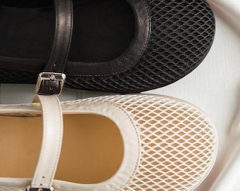 Sapatilhas estilo Mary Jane em malha bege e preta | Sapatilhas de couro macio com malha | Sapatilhas femininas com bico largo | Sapatilhas anatômicas personalizadas feitas à mão