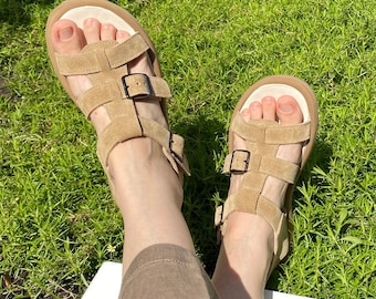 Suede Beige Gladiator Sandals | Wide Toe Box shoes women | Leather Anatomical footwear | Handmade Barefoot Style Custom Any Color shoes