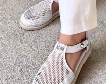 Sandalias blancas de cuero y malla para mujer / Zapatos de mujer con puntera ancha / Estilo veraniego tipo Mary Jane con tira en T / Hechas a mano, anatómicas y personalizadas en cualquier color