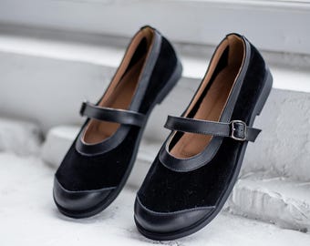 Leather suede ballet flats Mary Janes | wide toe box shoes women | women dress shoes | anatomical shoes