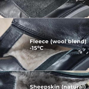 May include: Close-up of the inside of a black boot, showcasing three different lining materials. The first is cotton flannel, rated for -5&deg;C. The second is fleece (wool blend), rated for -15&deg;C. The third is sheepskin (natural), rated for -25&deg;C.