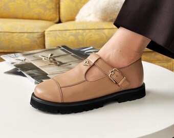 Leather Mary Jane Shoes T Strap | wide toe box shoes women | anatomical loafers women | handmade shoes thick sole | custom shoes any color