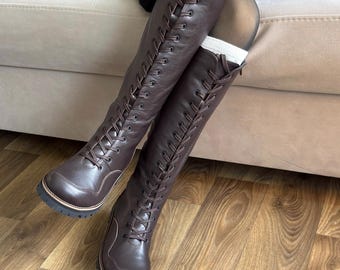High Lace-Up Boots with Wide Toe | Women's Low Heel Boots with Zipper | Spring Autumn Boots |  Custom Boots any color
