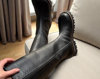 Wide toe knee high snakeskin boots | women anatomical leather boots with zipper low heel | autumn winter shoes made to order