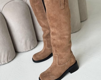 Sand suede leather zip up knee high boots womens | wide toe box shoes women | ankle boots with square toe | custom shoes autumn-winter