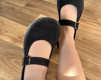 Black Suede Mary Janes | Wide Toe Box Women Shoes | Barefoot Style Ballet Flats | Custom Anatomical Wide Width | Handmade Leather Any Color