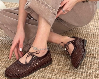 Woven Mesh Lace-Up Ballet Flats | Wide Toe Box Shoes Women | Anatomical Barefoot Style Shoes | Handmade Custom Leather Footwear