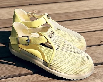 Yellow Women Leather Mesh Sandals | wide toe box shoes women | summer barefoot style Mary Jane t-strap | anatomical custom any color