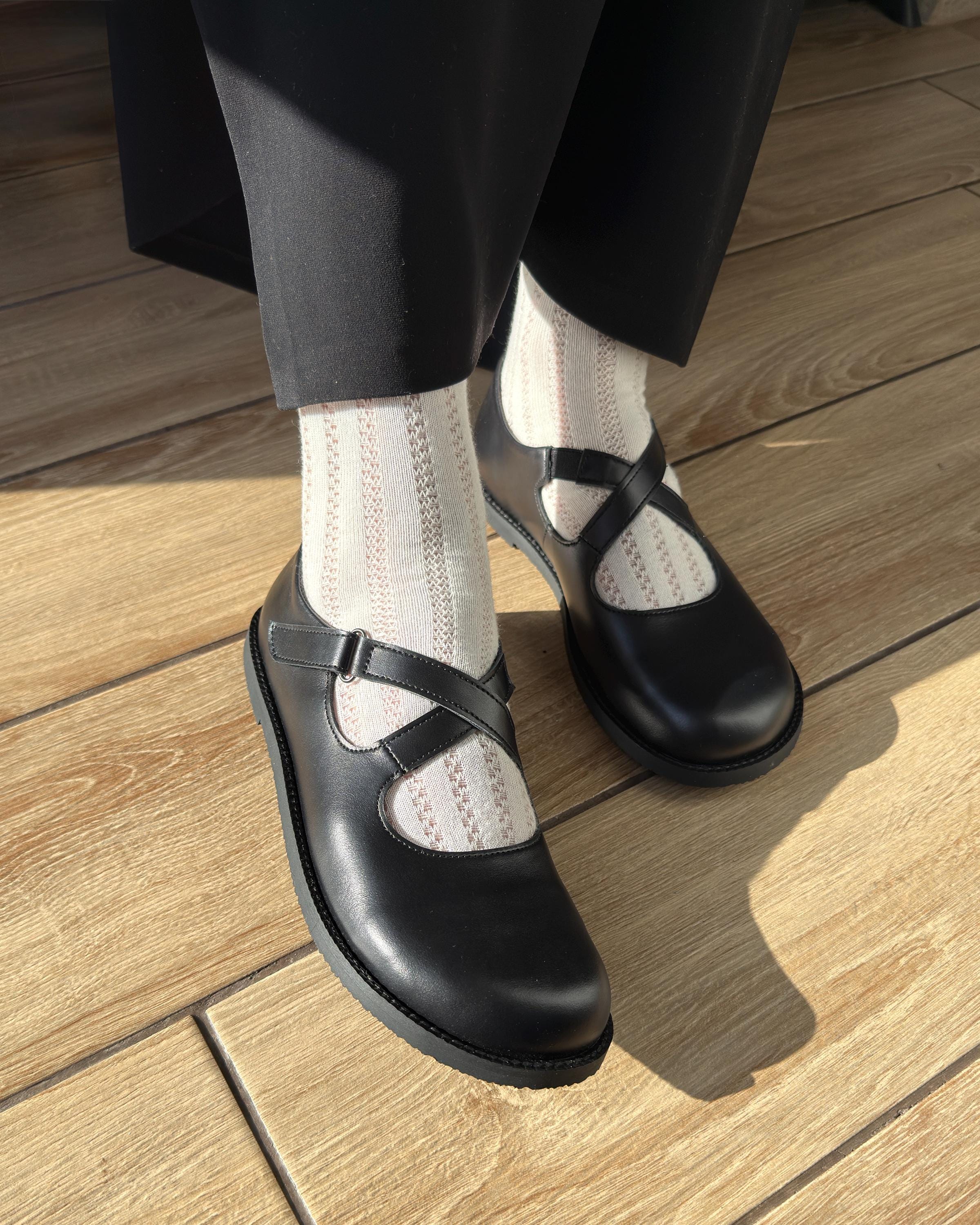 Black Leather Mary Jane Criss Cross Strap Flats | Wide Toe Box 