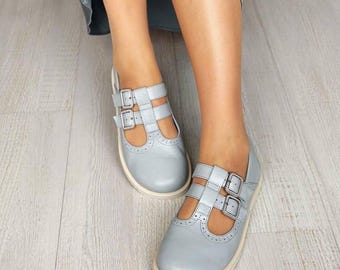 Scarpe stringate in pelle Mary Jane t-srtap / scarpe con punta larga da donna / scarpe eleganti anatomiche da donna / fatte a mano personalizzate in qualsiasi colore