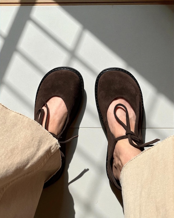 Brown Suede Lace Up Mary Janes | Wide Toe Box Shoes Women | Anatomical Barefoot Style | Minimalist Earth Tone Flats | Custom Any Color