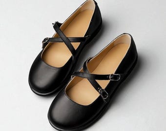 Black Leather Mary Jane Flats | Wide Toe Box Shoes Womens | Minimalist Criss Cross Strap | Barefoot Style Dress Shoes | Handcrafted Flats