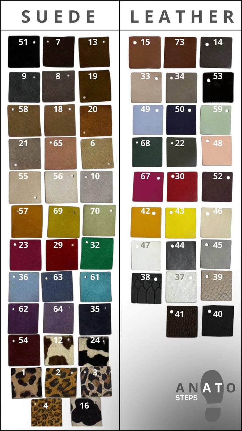 May include: A color chart with suede and leather swatches, each labeled with a number. The swatches display a variety of colors, including black, brown, blue, green, and animal prints. The brand name "ANATO STEPS" is at the bottom.