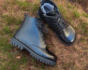 Handmade womens Winter Snow Boots | Black genuine leather military boots | wide toe box shoes women | stylish fall handmade shoes