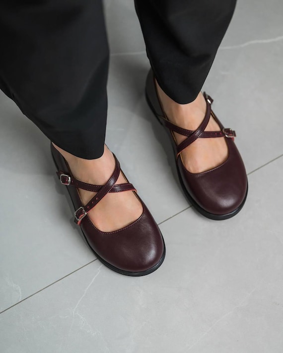burgundy flat dress shoes Mary Jane Criss Cross Strap Ballet Flats | Wide Toe Box Women | Barefoot Style Shoes Flutter Sleeve Crisscross Mesh 2-3 SIZE:Child 11 tied ribbon Finely crafted