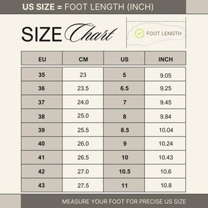 Op de afbeelding: Een schoenmatentabel met EU-, CM-, US- en inch-maten. De tabel bevat voetlengteconversies, met US-maten vari&euml;rend van 5 (23 cm) tot 11 (27,5 cm). De tekst "SIZE Chart" staat bovenaan.
