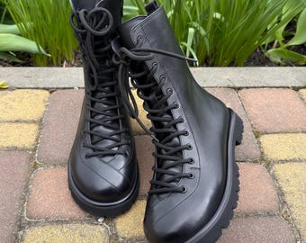 Black Mid-Calf Leather Combat Boots Women | Barefoot Style Anatomical Military Lace-Up Boots | Custom Fall Winter Boots Any Color