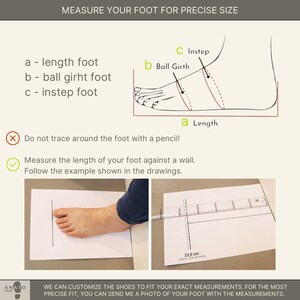 May include: Diagram illustrating how to measure a foot for shoe sizing, with labels for length, ball girth, and instep. Includes a foot tracing example and a foot measurement using a ruler showing 23.5 cm. Text reads: Measure your foot for precise size.