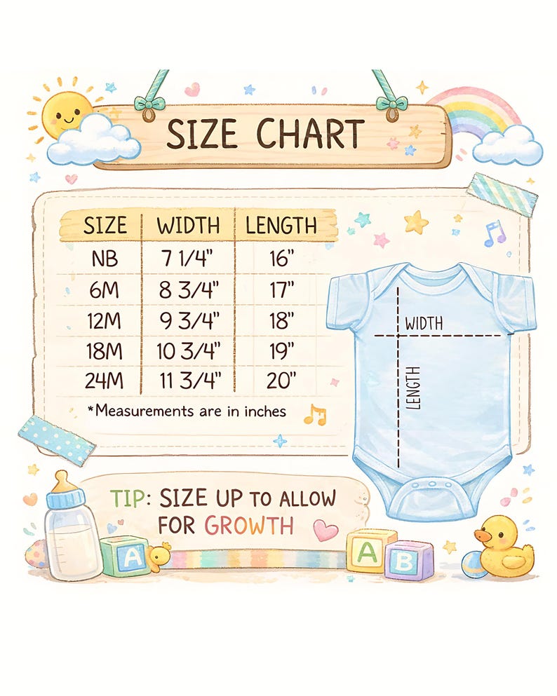Baby Onesie Size Chart, Infant Jumpsuit Sizing Guide, Cute Newborn Bodysuit Reference, Baby Shower Gift Guide, Baby Clothing Size Guide