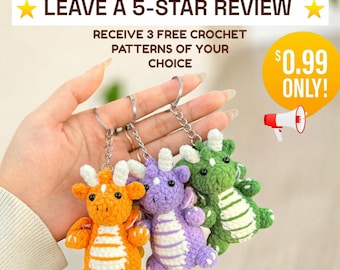 Buy 1 Get 3 FREE Dragon Crochet Patterns –  Dragon Keychain Crochet Pattern, Amigurumi Plush Toy, Cute Flame Dragon, PDF in English