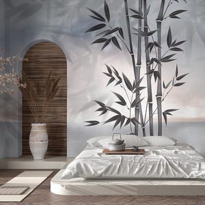 Bamboo Wall Mural, Neutral Japanese Zen Photo Wallpaper, Japandi Style Wall Decor [Aurea]