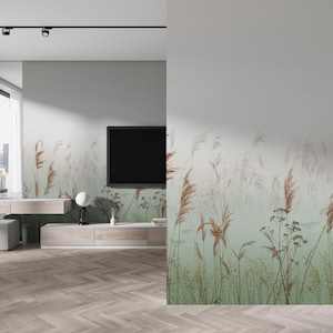 Decorazione murale con paesaggio di erba verde, carta da parati fotografica sfumata boho chic, murale moderno [Balance]