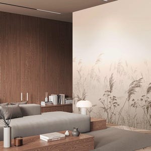 Decorazione murale con paesaggio di erba beige, carta da parati fotografica sfumata boho chic, murale moderno [Balance]