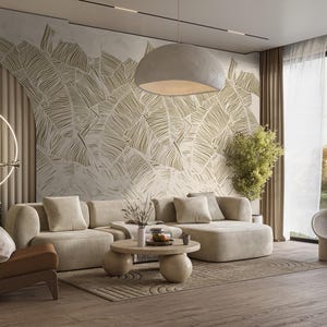 Carta da parati fotografica con foglie di banano, murale moderno boho, decorazione da parete boho chic [Tribu]