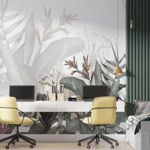 Tropical Botanical Wall Mural – Banana Leaves & Exotic Flowers, Neutral Botanical Fotowallpaper (Tropics)