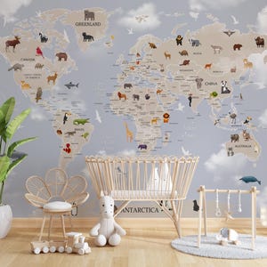 Carta da parati murale con nuvole per bambini, carta da parati fotografica con mappa del mondo e simpatici animali, decorazione da parete per la cameretta dei bambini [Mappa delle nuvole]