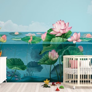 Décoration murale fantaisiste de conte de fées pour enfants, papier peint photo Tommelise sur feuille de nénuphar, décoration murale pour chambre d'enfant [Tommelise]