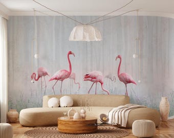Pink flamingo mural. Children's photo wallpaper for a stylish interior