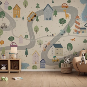 Muurschildering kaart jongenskamer, kinderstraatfoto in lichte kleuren, muurdecoratie kinderkamer [Ferrara]