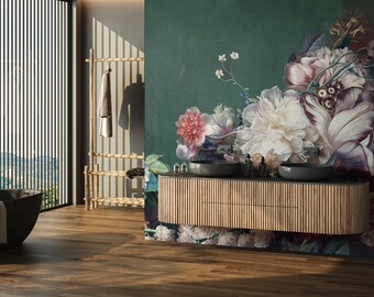 Peony mural on a green background. Large flower Fotowallpaper