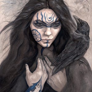 May include: A watercolour painting of a woman with long black hair and blue tribal markings on her face and arm. A black raven sits on her shoulder. The artwork has a mystical, fantasy theme.