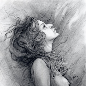 May include: A black and white pencil drawing of a woman with long hair, looking up. The woman is nude and her body is depicted in a realistic style.