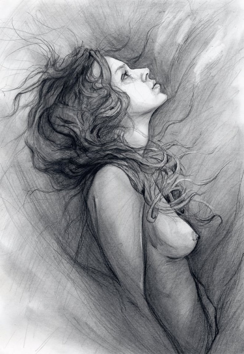 May include: A black and white pencil drawing of a woman with long hair, looking up. The woman is nude and her body is depicted in a realistic style.