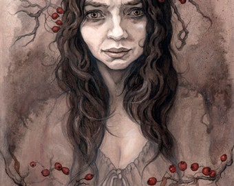 May include: A watercolor painting of a woman with long brown hair and a crown of branches and red berries. The woman has a serious expression on her face and is wearing a white dress. The background is a muted brown color.