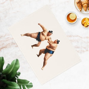 Könnte beinhalten: Zwei Sumo-Ringer in traditionellen Lendenschürzen, einer mit einer blauen und der andere mit einer schwarzen Lendenschürze, befinden sich in einem Kampf. Der Ringer mit der blauen Lendenschürze ist unten und der Ringer mit der schwarzen Lendenschürze ist oben. Die Ringer befinden sich auf einem weißen Hintergrund.