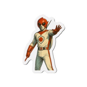 Pode incluir: Um autocolante com uma ilustração vintage de um super-herói com um fato vermelho e branco. O super-herói tem um capacete, luvas e botas vermelhas, com um fato branco e creme. O super-herói segura uma bengala e tem uma mão levantada.