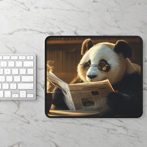 Può includere: Un panda bianco e nero con occhiali rotondi è seduto su una superficie di legno e legge un giornale con il titolo "Ask the Question".