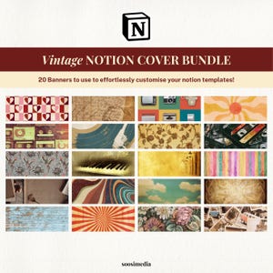 Puede incluir: Un conjunto de 20 banners de portada de Notion con temática vintage. Los banners presentan varios diseños, incluyendo corazones, mapas, electrónica retro, patrones florales y arte abstracto. El texto dice "Vintage Notion Cover Bundle".