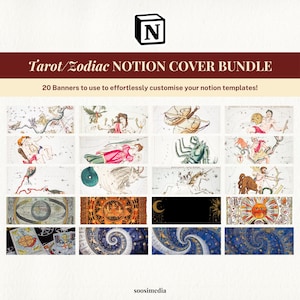 May include: A collection of 20 Tarot and Zodiac-themed Notion cover banners. The banners feature illustrations of constellations, tarot cards, and celestial designs in various colors. The top banner reads "Tarot/Zodiac NOTION COVER BUNDLE".