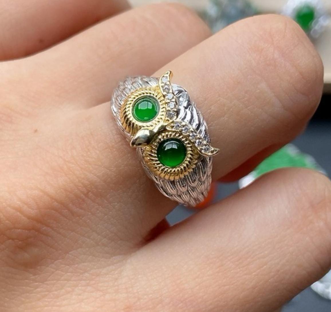 Unique Owl Ring, Natural Guatemala Jade Ring in Sterling Silver, Green Jade Ring,  untreated jade, T