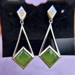 Natural Green Nephrite Drop Earrings,  Sterling Silver Green Jade Earrings, British Columbia Green Nephrite Jade, A+ Quality Nephrite Jade