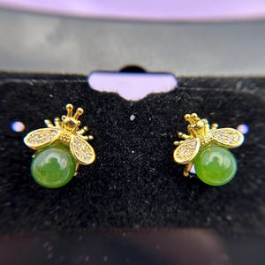 Natural Green Nephrite Bee Studs,  Sterling Silver Green Jade Studs Earrings, British Columbia Green Nephrite Jade, A+ Quality Nephrite Jade