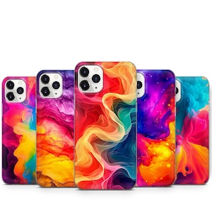 May include: Five colourful phone cases with abstract designs featuring swirling, colourful smoke patterns. The cases are all different colours, including red, orange, yellow, green, blue, and purple.